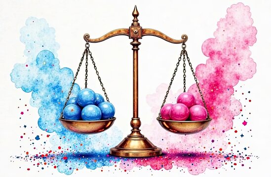 This artwork represents the balance between gender identities using blue and pink spheres against a vibrant backdrop, promoting equality. Generative AI