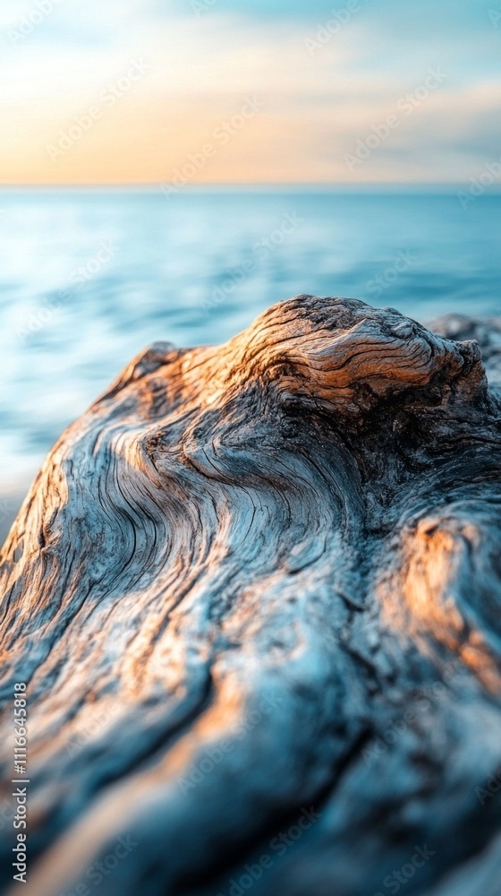 Poster close-up of weathered driftwood reveals its unique organic patterns, bathed in soft evening light as