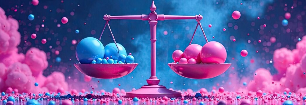 A festive atmosphere features a balance scale with blue and pink spheres, representing gender themes, surrounded by colorful decorations. Generative AI
