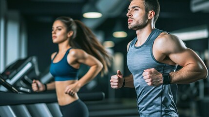 Fototapeta premium The male and female athletes, immersed in their exercise, display focus and intensity while running on treadmills. This energetic environment inspires fitness and perseverance