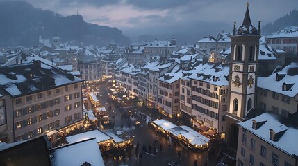 Fototapeta premium Snowy European City Christmas Market at Dusk