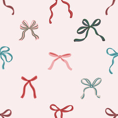 Seamless pattern of hand-drawn ribbon bows in various colors on a light pink background. Decorative coquette design for wrapping paper, textile, wallpaper, cover, greeting cards. Vector illustration