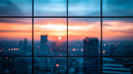Fototapeta premium Sunset View Through a Window with Cityscape in the Background