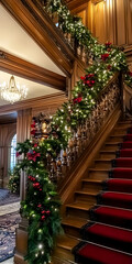 Obraz premium Luxurious Victorian staircase decorated for Christmas in a gorgeous mansion. Christmas tree in the foyer next to the grand staircase decorated with garlands, creating a warm holiday atmosphere.