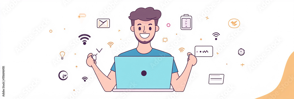 Poster a simple it man character holding a laptop, surrounded by small digital icons like wi-fi and setting