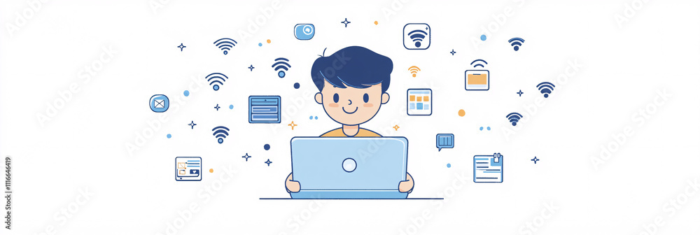 Poster a simple it man character holding a laptop, surrounded by small digital icons like wi-fi and setting