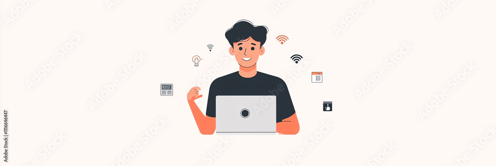 Poster a simple it man character holding a laptop, surrounded by small digital icons like wi-fi and setting