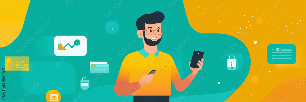 Poster a simple ui icon of a man holding a phone, representing it support, with a clean tech-themed backgro