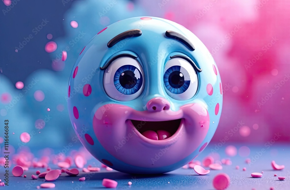 Poster a cheerful blue ball with large eyes and a big smile stands out against a colorful backdrop filled w