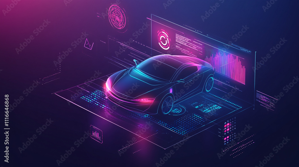 Poster a sleek car icon with a virtual dashboard interface, displaying live data feeds, surrounded by float