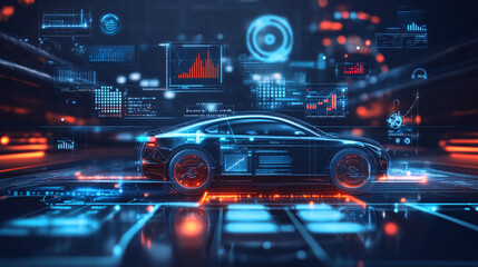 Obraz premium A sleek car icon with a virtual dashboard interface, displaying live data feeds, surrounded by floating digital elements representing web traffic and online sales analytics. 