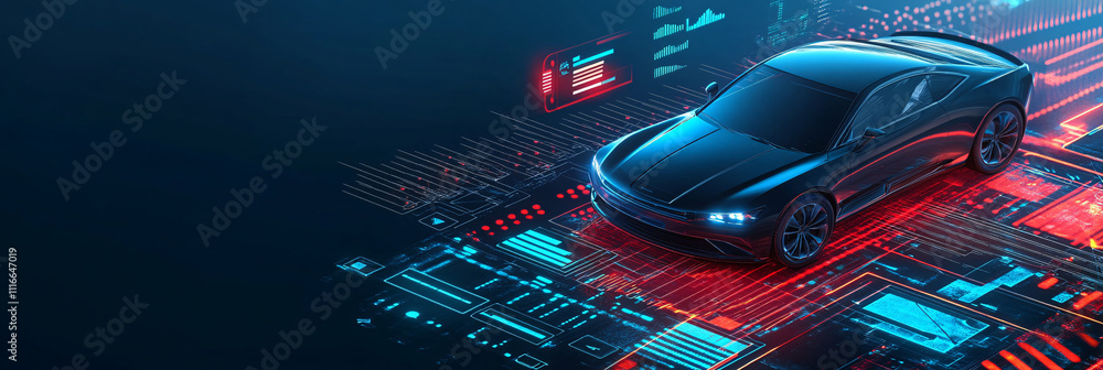 Poster a sleek car icon with a virtual dashboard interface, displaying live data feeds, surrounded by float