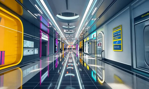 E-shoping hallway in virtual reality or futuristic mall motion forward along glossy reflecting surfaces