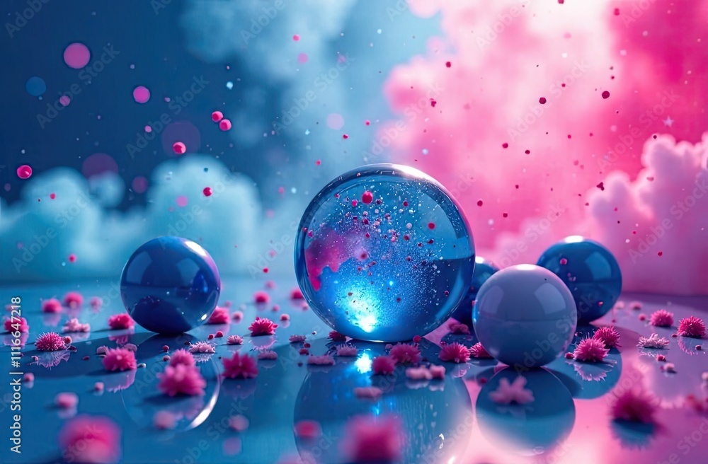 Aufkleber vibrant colored spheres rest on a reflective surface, surrounded by fluffy clouds and soft textures,