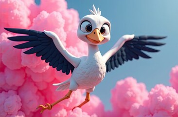 A lively cartoon bird with white feathers and large expressive eyes is soaring through fluffy pink clouds, creating a cheerful party vibe. Generative AI