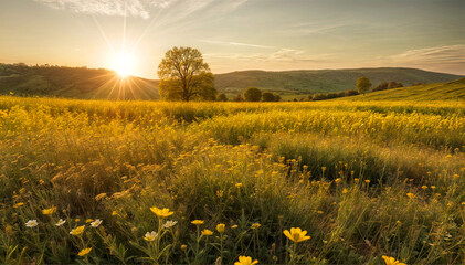 Obraz premium Sunlight cascades over a vibrant meadow filled with wildflowers as the day transitions into evening. Rolling hills create a picturesque backdrop under a clear sky