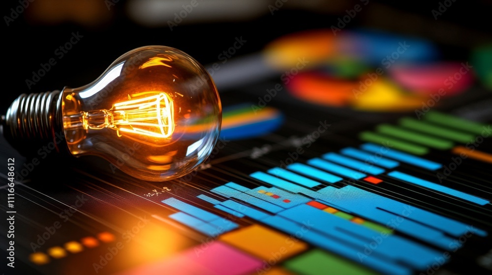 Poster illuminated lightbulb on a colorful data visualization
