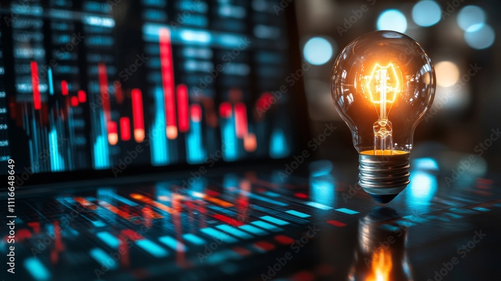 Poster illuminated lightbulb above data screen with charts