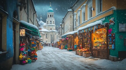 Fototapeta premium Snowy European Street Scene With Shops And Church