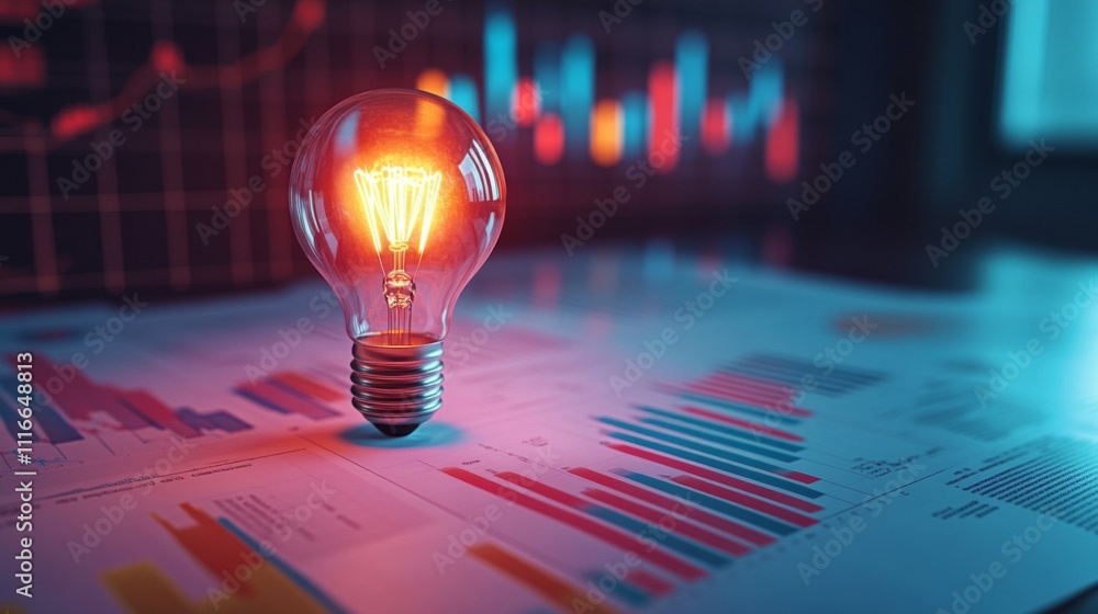 Poster glowing light bulb on a chart with data analysis
