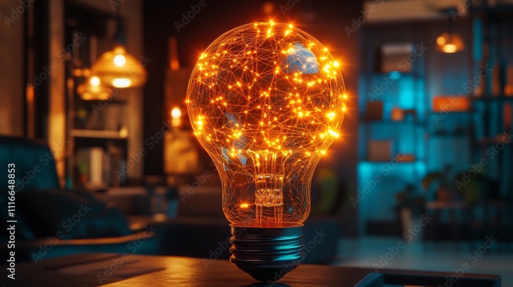 Poster illuminated light bulb with interconnected web of sparks