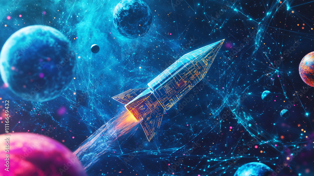 Poster a spaceship icon breaking through a web of cosmic data, with floating planets and holographic charts