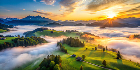 Obraz premium Sunlight breaks over the horizon, illuminating rolling hills shrouded in mist. The vibrant colors reflect a tranquil morning in the mountains, showcasing nature's beauty