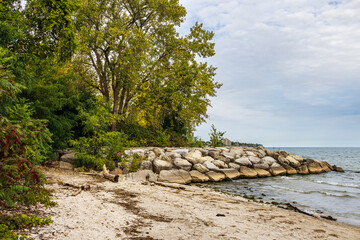 Burlington beach in Lake Ontario during a cloudy autumn day, ON, Canada