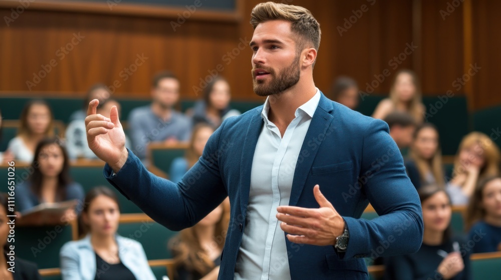 Poster well-dressed man delivers a presentation to a captivated audience in a university lecture hall. his 