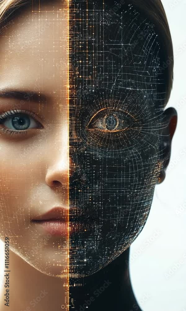 Poster futuristic portrait striking contrast of human face and digital technology, merging data driven desi