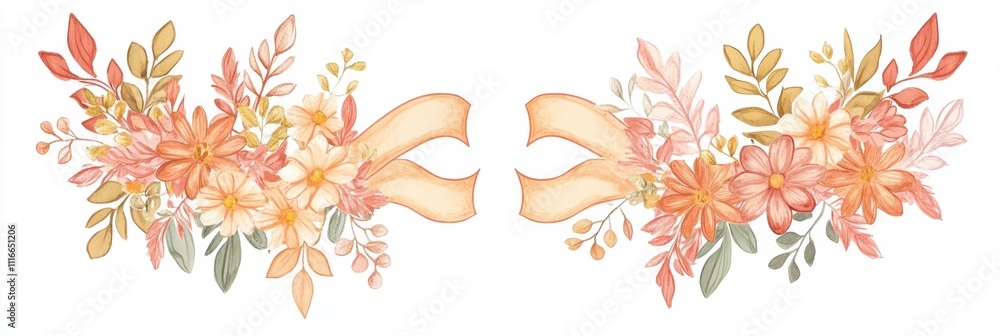 Poster spring flower wreaths adorned with ribbons showcase colorful blooms, creating a perfect template for