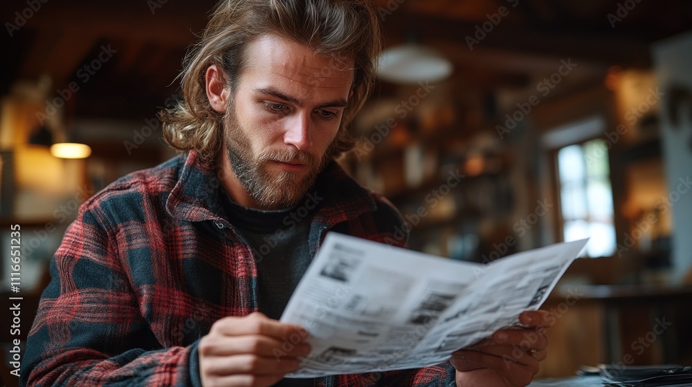 Poster young man with a beard sits at a table in a rustic cafe, carefully studying a newspaper. natural lig