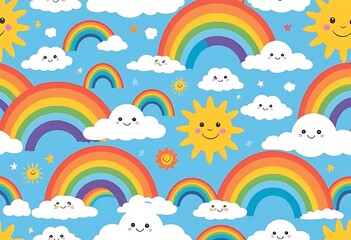 Seamless repeat pattern with shooting stars, clouds and rainbows in a blue sky