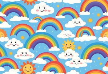 Seamless repeat pattern with shooting stars, clouds and rainbows in a blue sky