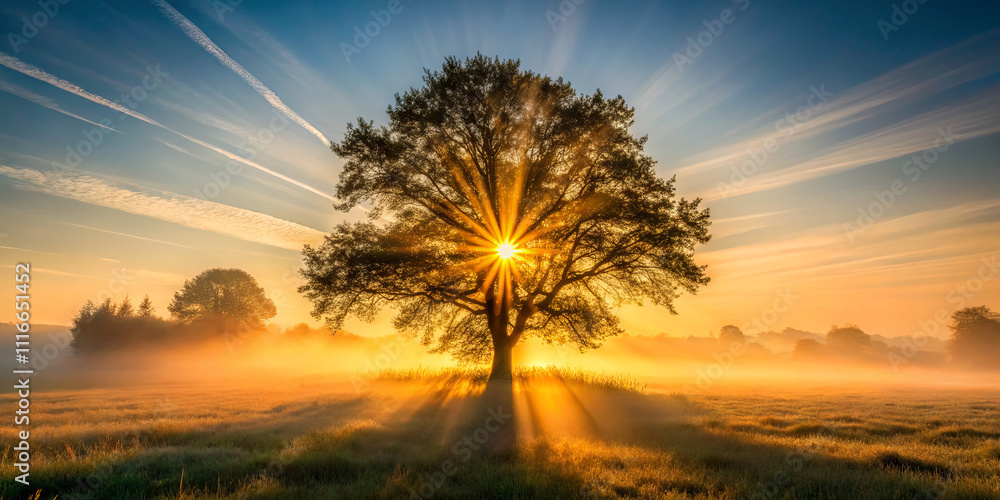 Aufkleber bright morning light filters through the branches of a large tree, creating a starburst effect as mi