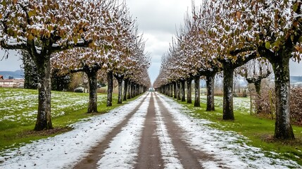 Snow Covered Trees Line A Snowy Path In Winter