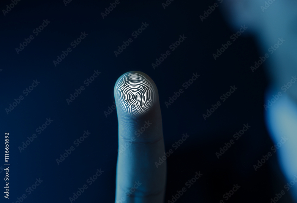 Poster man pressing finger to surface showing friction ridges pattern, closeup. scanning fingerprint
