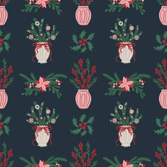 Seamless pattern of Christmas floral arrangements with vases, poinsettia, holly berries, pine branches and festive ornaments. Hand-drawn vector decorative design for wrapping paper, textile, wallpaper
