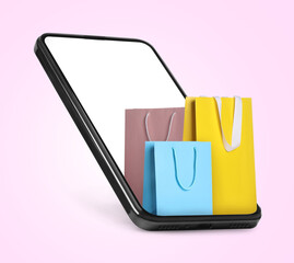 Mobile phone with shopping bags on pink background. Concept of online shopping, purchase via...