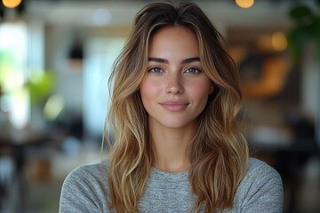 Fototapeta premium Portrait of cute woman on blurred living room background