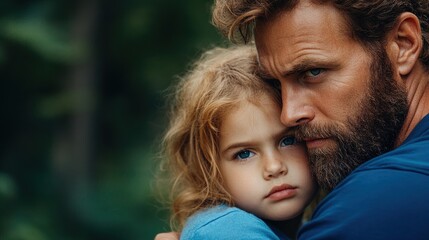 Fototapeta premium father holds his daughter closely in a serene forest, their expressions conveying deep emotion as they embrace in a moment of warmth and protection amidst the tranquil surroundings