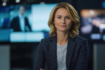 Fototapeta premium Live report of TV news, female TV presenter dressed in suit and broadcasting on television