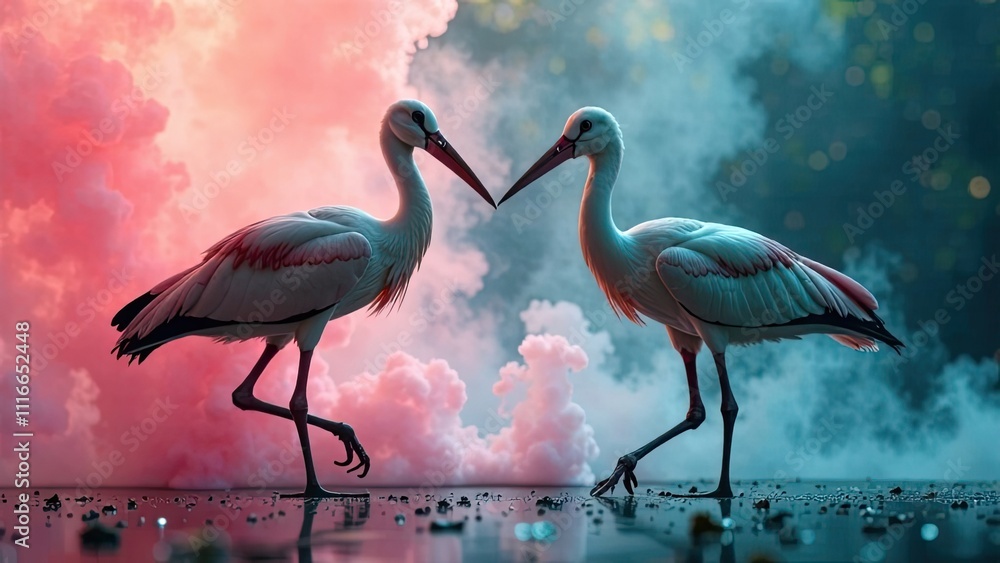 Poster two storks are gracefully interacting in a vibrant setting filled with colorful smoke, creating a ma