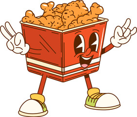Cartoon groovy bucket of fried chicken legs fast food character in hippie sneakers. Isolated vector funky red smiling box with crispy chicken drumsticks, bringing y2k retro vibe to kids cafe menu meal © Vector Tradition