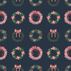 Seamless pattern of hand-drawn Christmas wreaths decorated with bows, poinsettias, holly berries on dark blue background. Festive vector design for holiday wrapping paper, textile, wallpaper