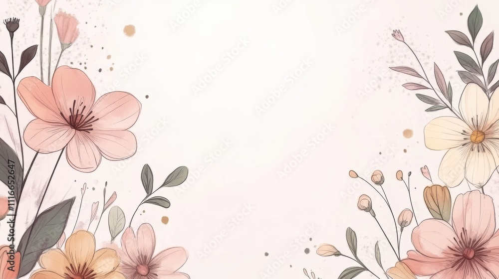 Poster decorative spring flower wreath design features gentle colors and ribbons, providing an empty space 