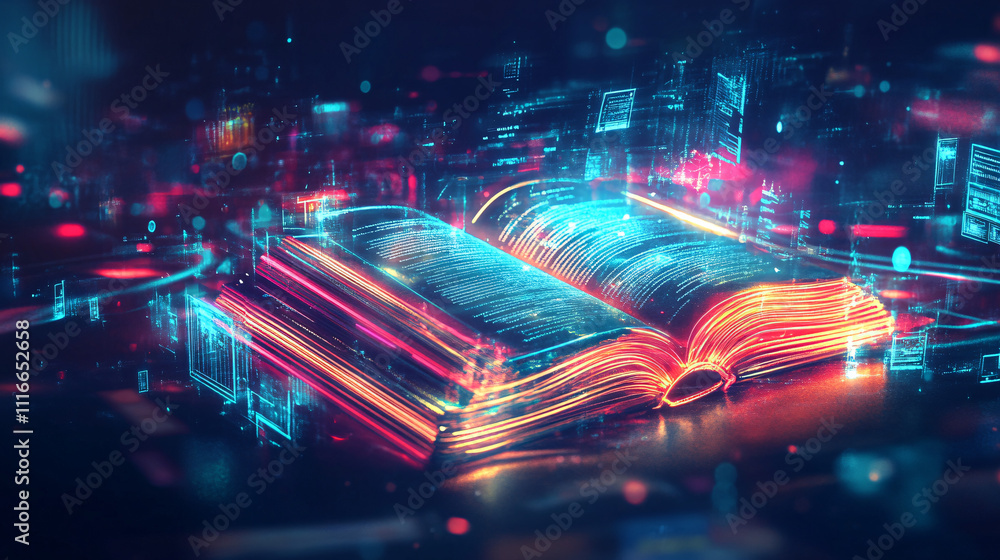 Poster a stylized book icon made of neon lights, with streaming educational data and interactive elements f