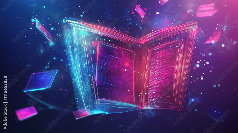 Poster a stylized book icon made of neon lights, with streaming educational data and interactive elements f