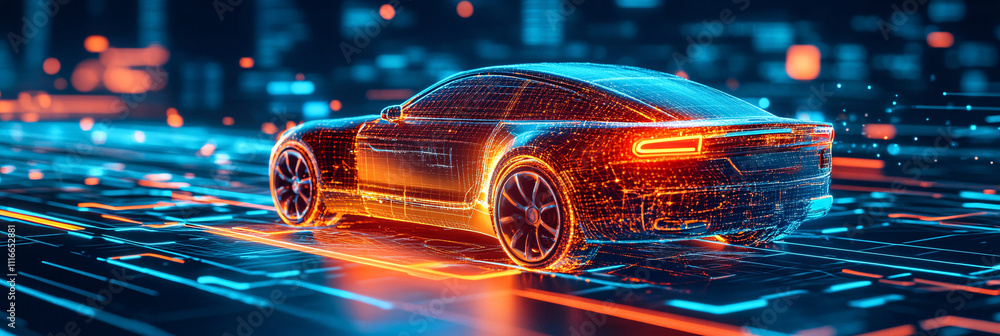 Poster a stylized car icon with virtual reality elements, displaying automotive data and online shopping tr