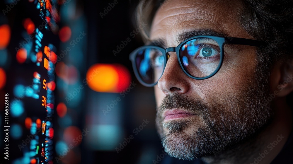 Poster man with glasses looks closely at a brightly lit digital display filled with numbers and data, immer